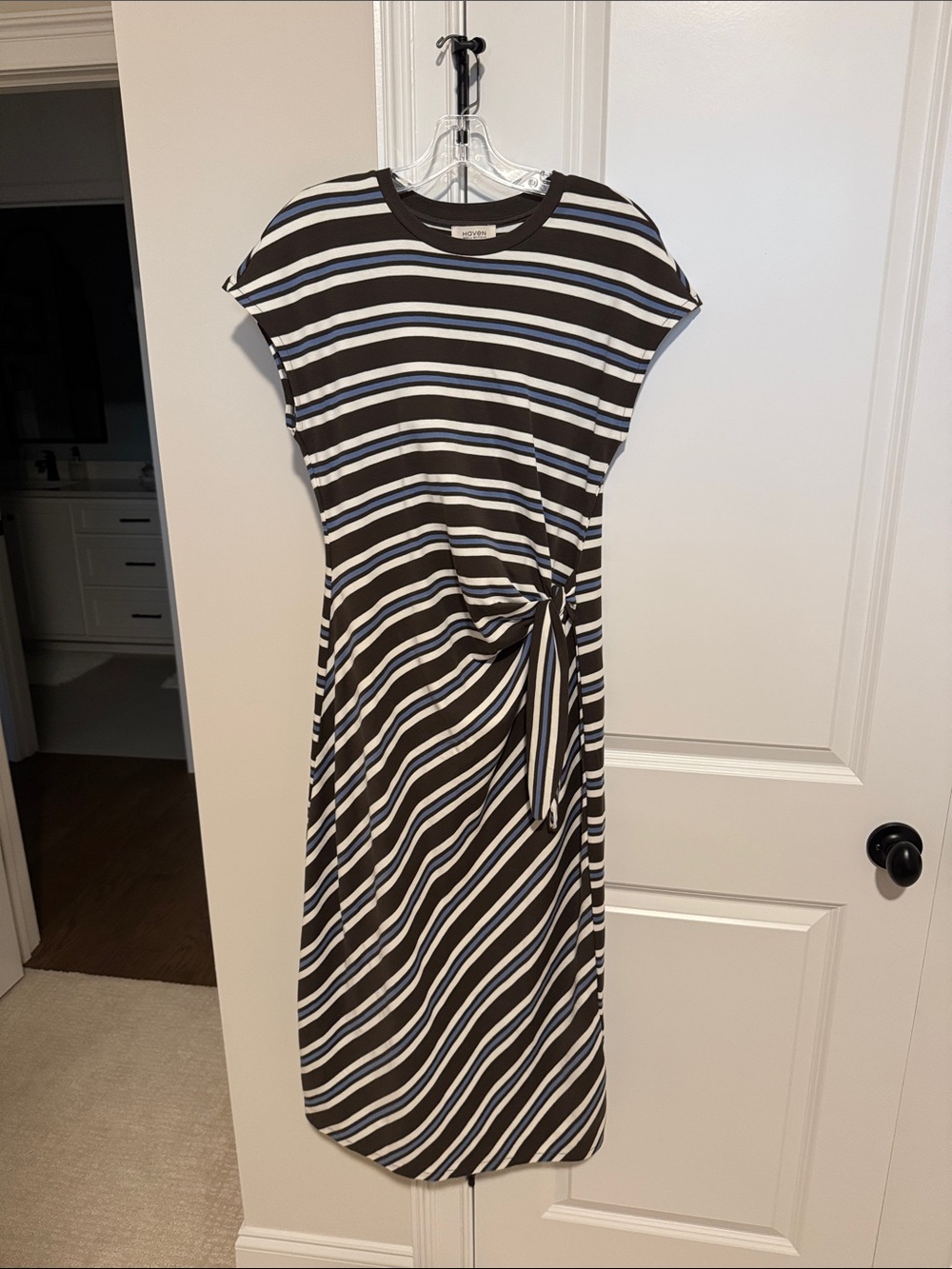 Striped Tie-Waist Maxi Dress in Brown, White & Blue